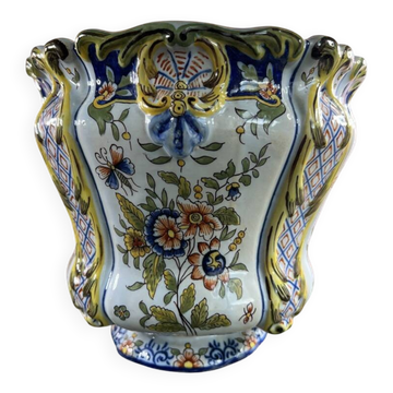 Polychrome French earthenware planter – Floral and butterfly decoration