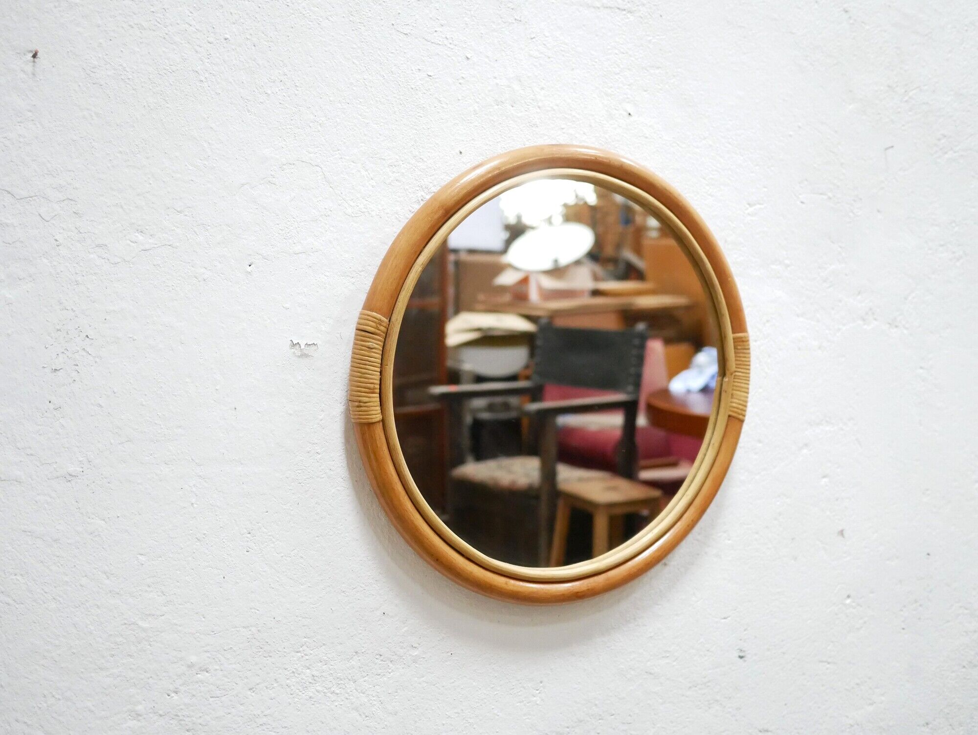Miroir rond vintage en bambou et rotin 57cm x 57cm