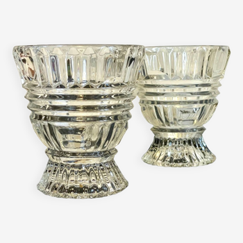 Duo of vintage semi-crystal geometric vases