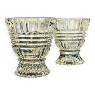 Duo of vintage semi-crystal geometric vases