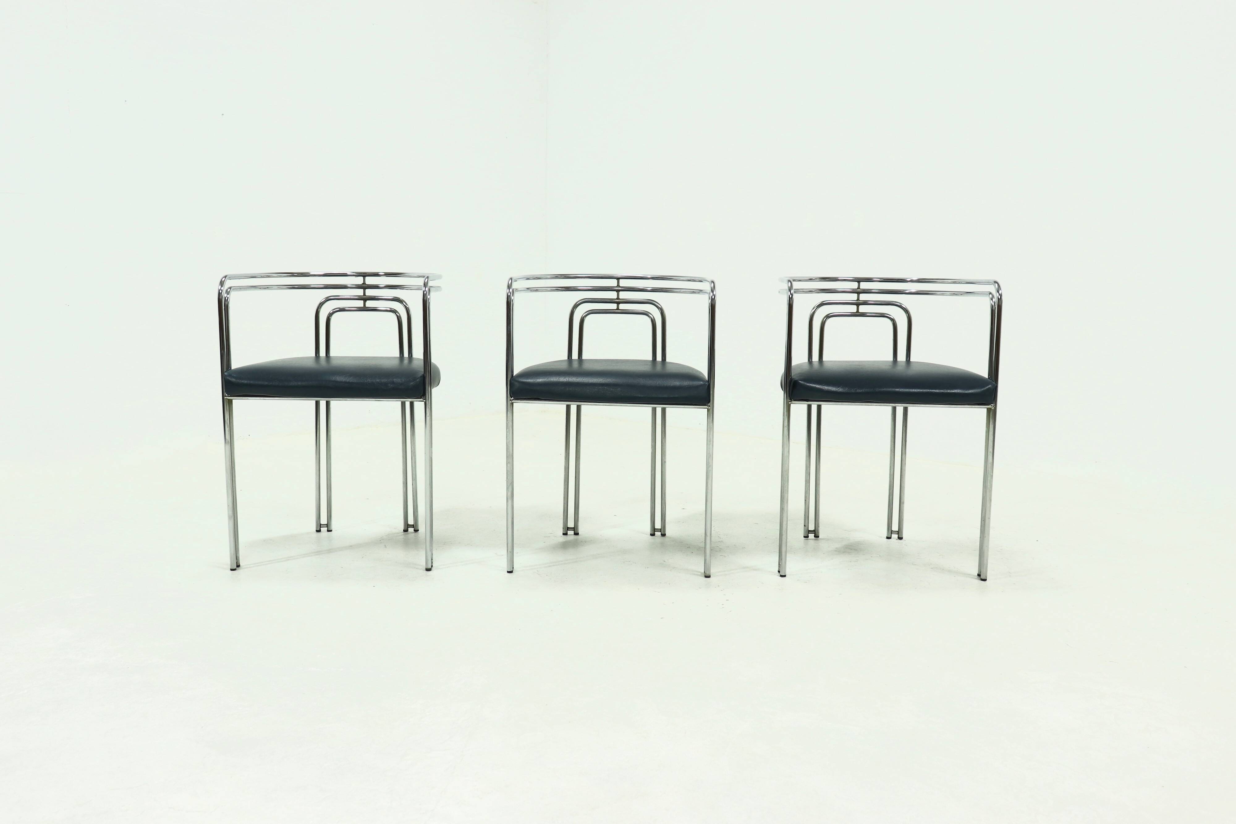Set of 3 Chromed Steel Dining Chairs, France 1970s