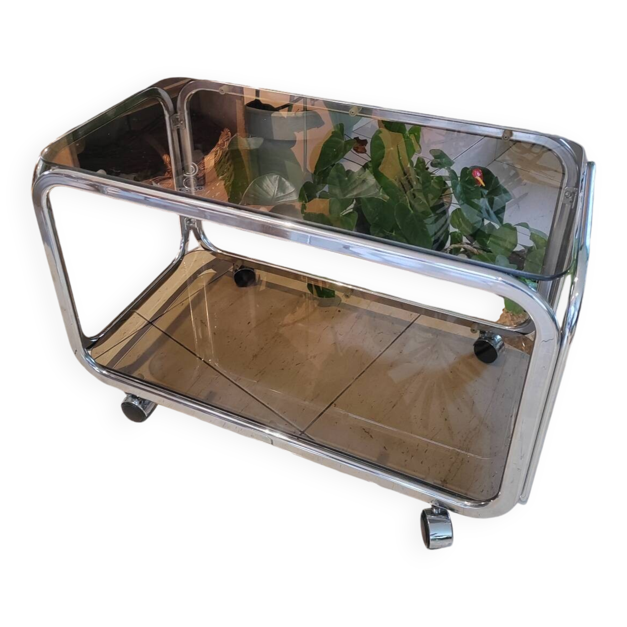 Vintage serving trolley in smoked glass and chrome metal