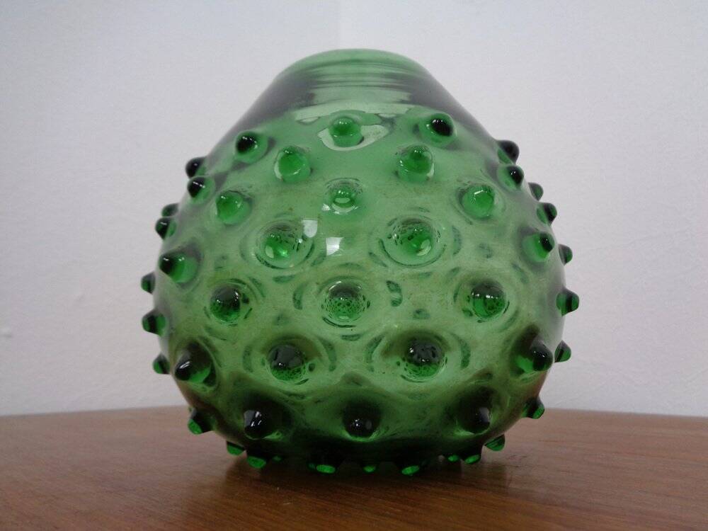 Italian green bubble glass vases and bowl by Empoli, set of 3, 1960s.