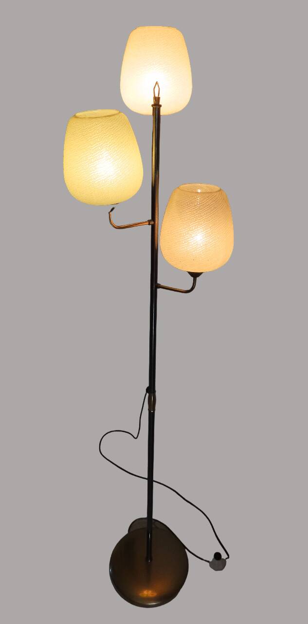 Vintage metal floor lamp with 3 lights and matt white opals