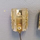 Set of wall lamps in brass colored suspension with thick pressed glass, from Danish Vitrika 1970s.
