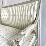 Directoire French silk sofa bench with blue, grey and white 18th century patterns