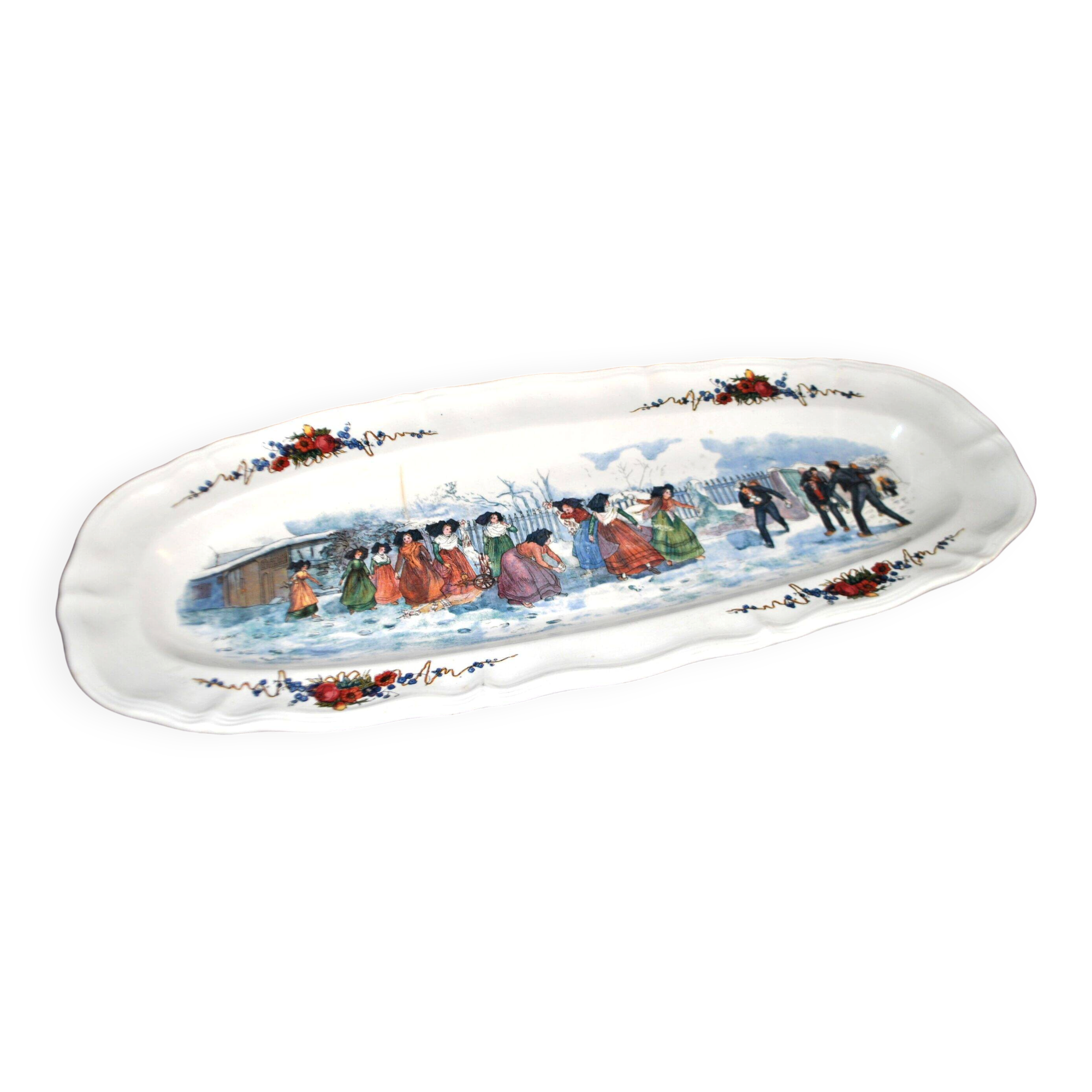 Sarreguemines large oval dish Obernai the snowball fight H. Loux