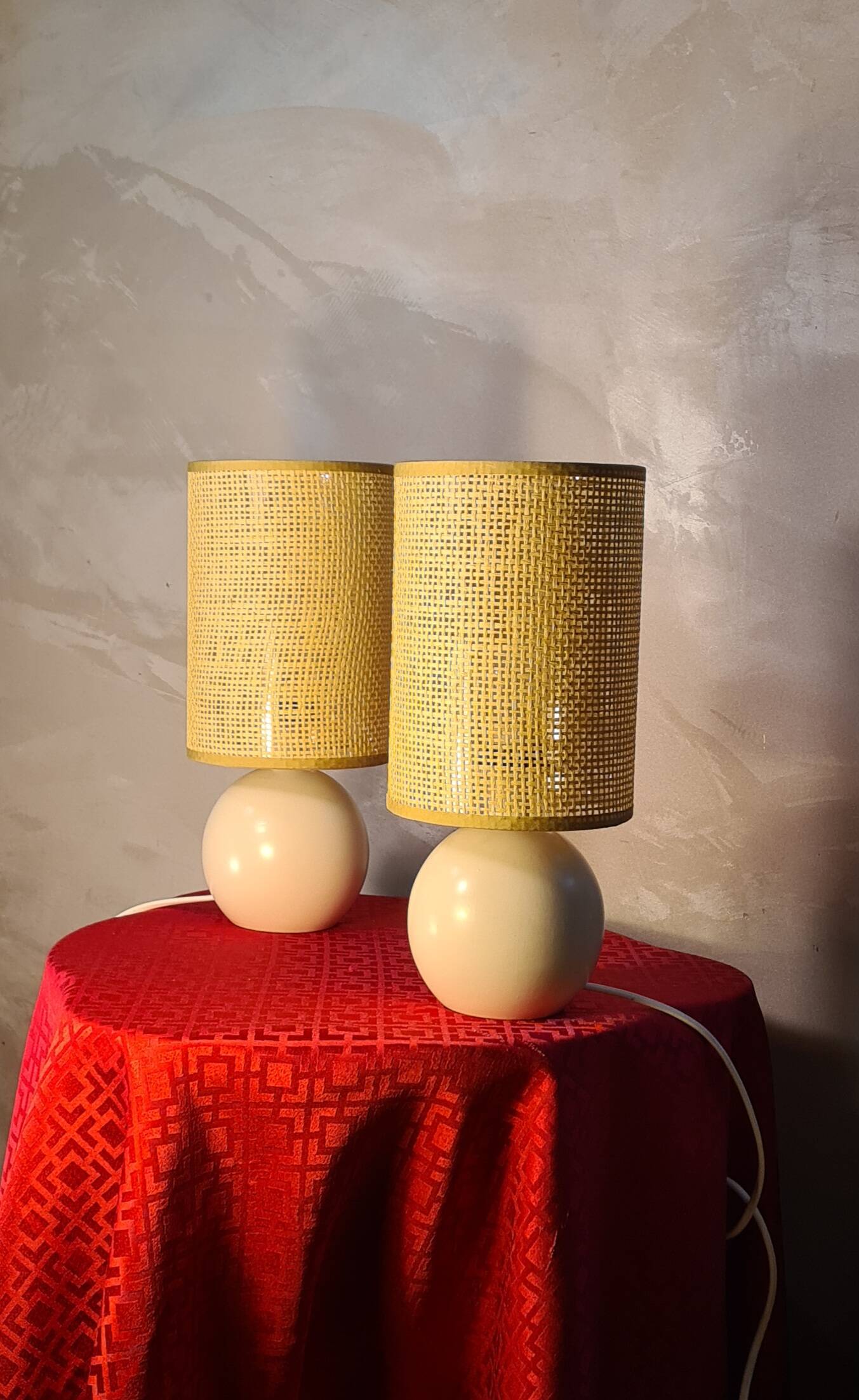 Pair of wooden bedside lamps with rush lampshades, scandinavian