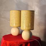 Pair of wooden bedside lamps with rush lampshades, scandinavian