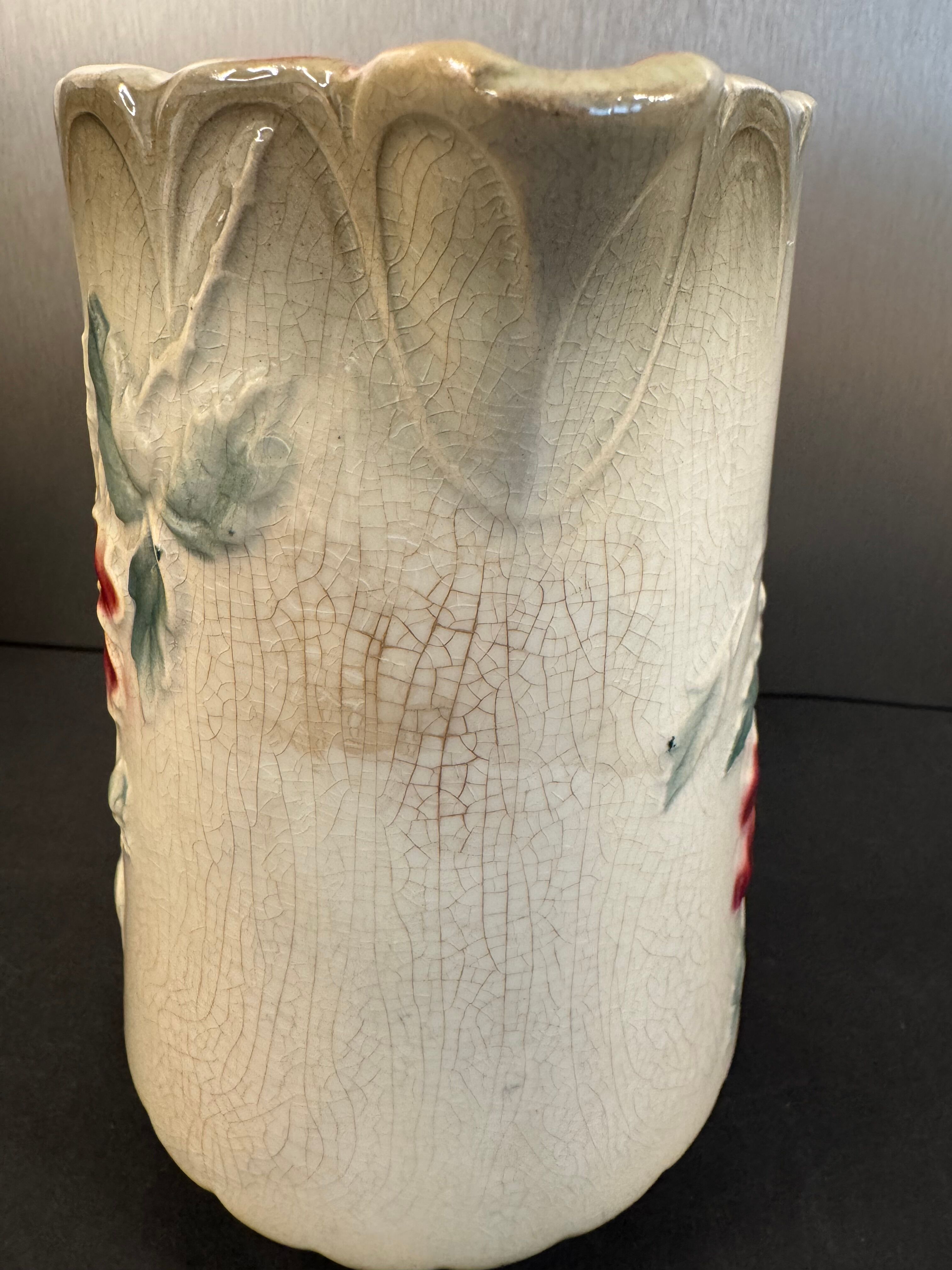 Antique pitcher in slipware with floral decoration – red and cream floral design