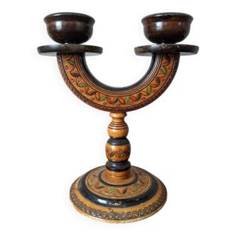 Carved turned wooden candle holder, handcrafted, country decoration