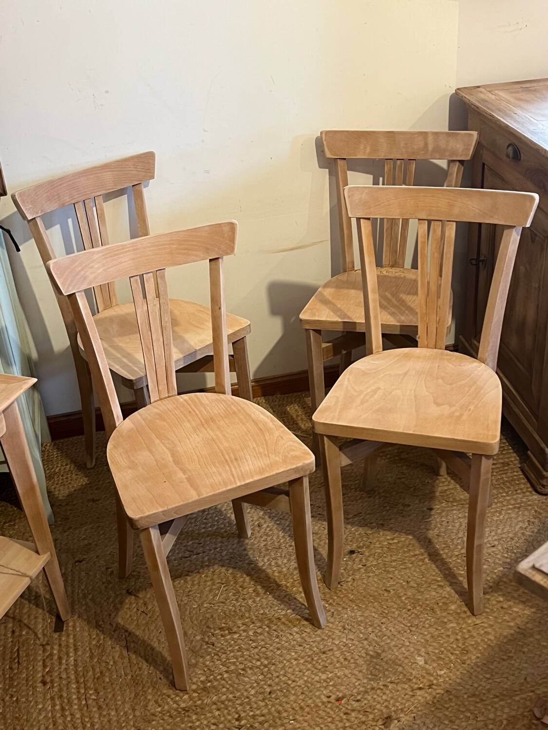 Set of 4 vintage bistro chairs in raw wood