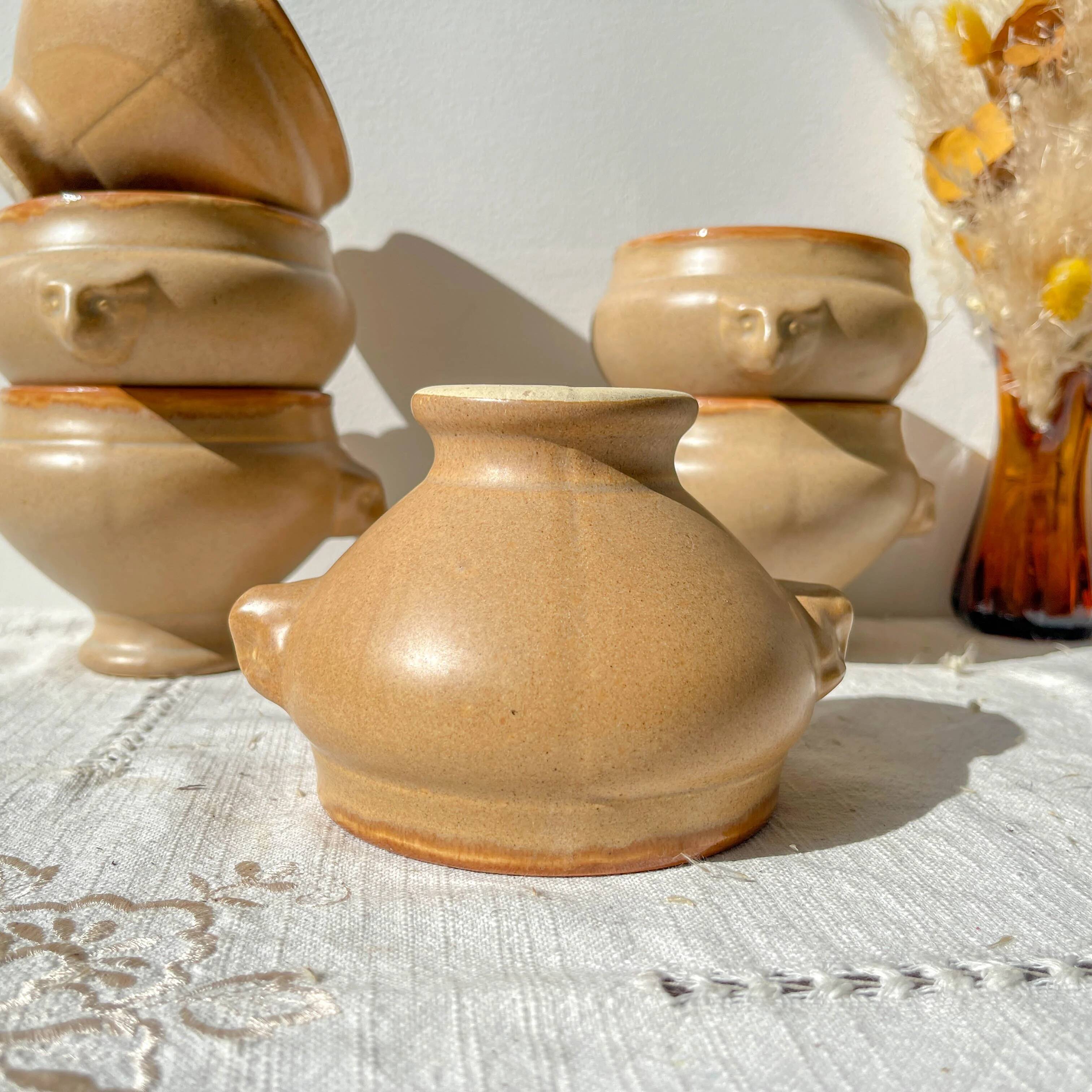 6 vintage Emile Henry ceramic lion head onion soup bowls - beige and honey, made in France