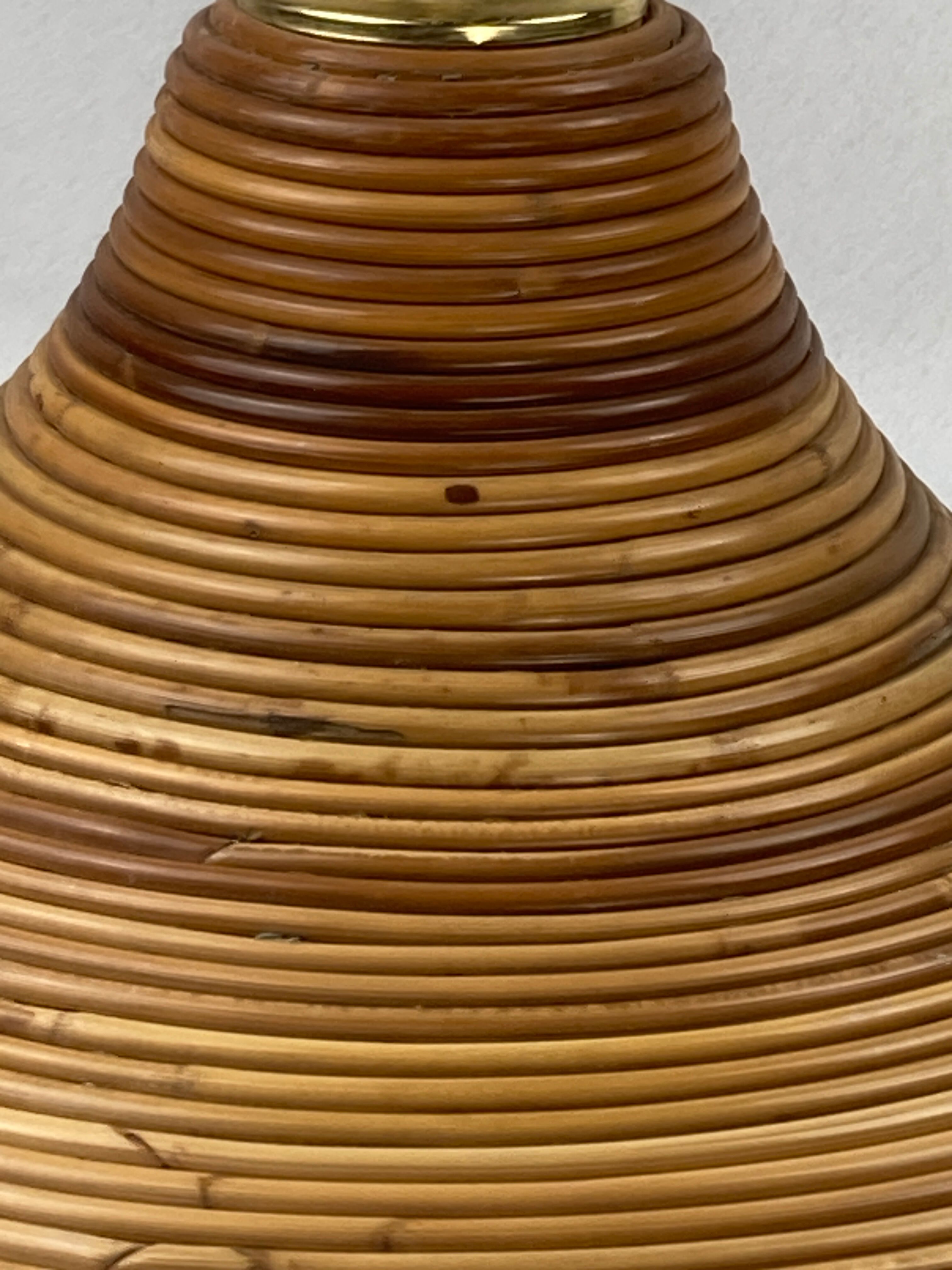 Pencil split reed rattan bamboo and brass pendant Lamp, 1970s