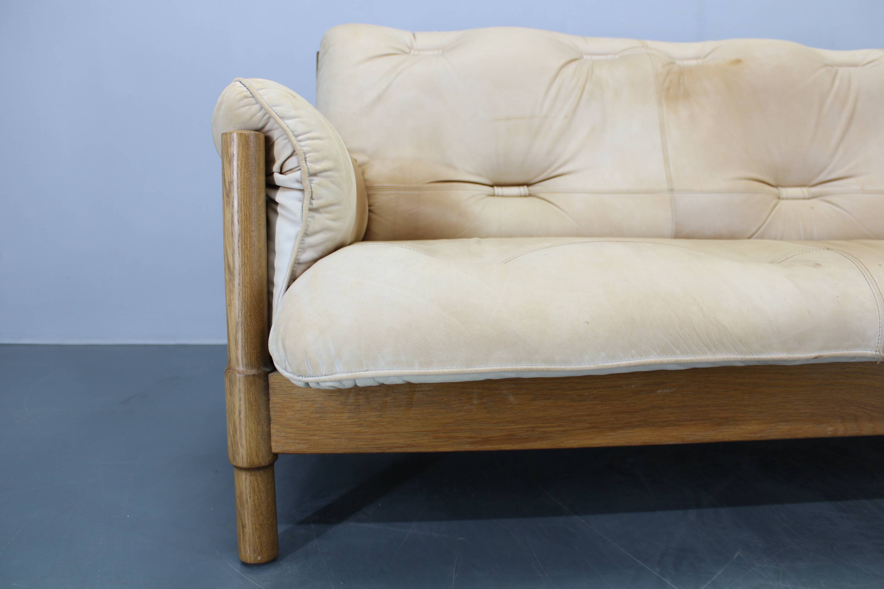 1960s Oak Scandinavian 3-Seater Sofa in Fine Leather Upholstery