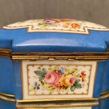 Domed porcelain box polychrome floral decoration on blue background brand Sèvres
