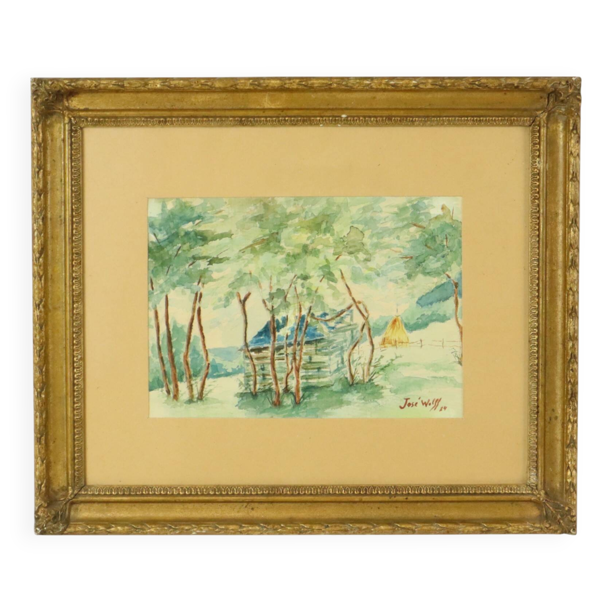 Watercolor José Wolff Art Painting Wooden Baroque Style Frame 1924