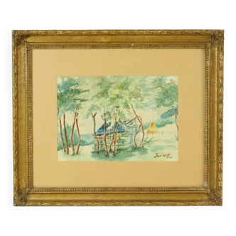 Watercolor José Wolff Art Painting Wooden Baroque Style Frame 1924