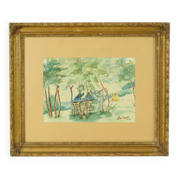 Watercolor José Wolff Art Painting Wooden Baroque Style Frame 1924