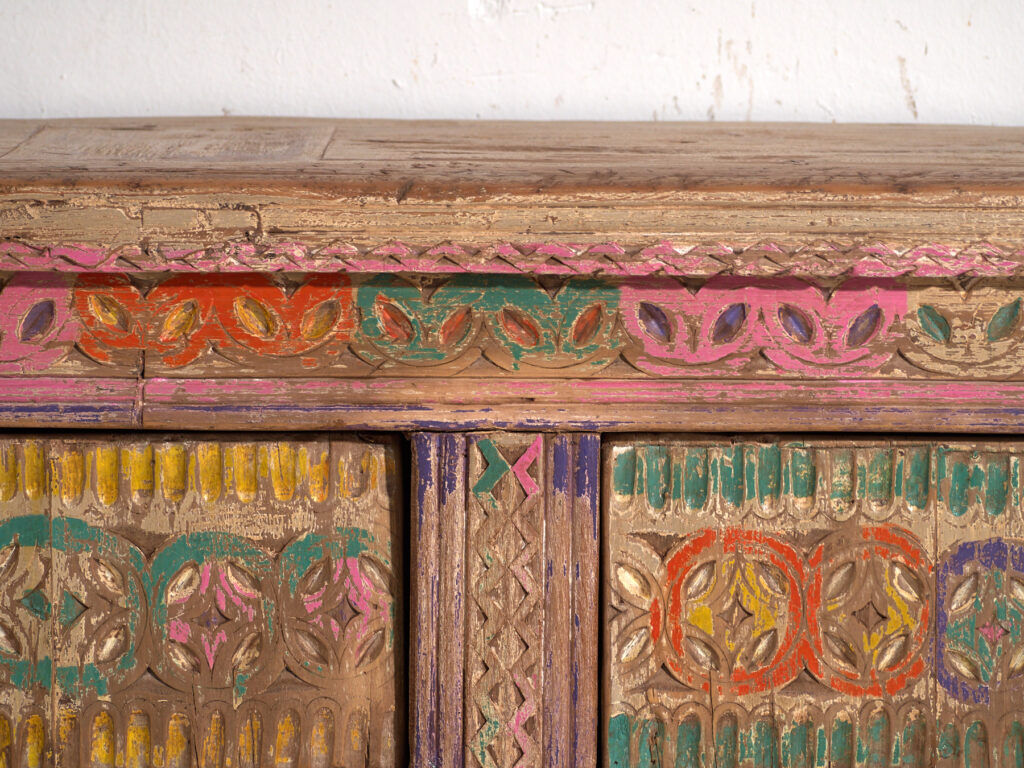 Antique carved low cabinet with drawers in pine – Xinjiang, circa 1900