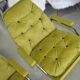 Ensemble 1960s canapé 2 places et 2 fauteuils en tissu vert chartreuse, pieds métal d'origine