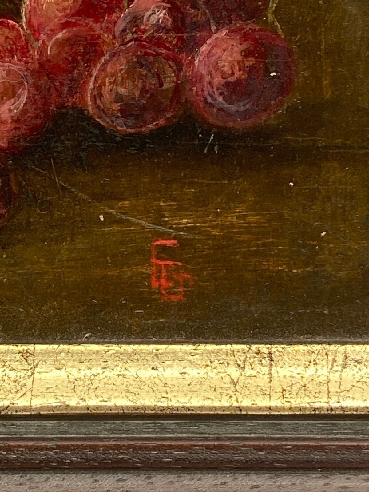 Oil panel monogram eg to identify still life fruits glass wine