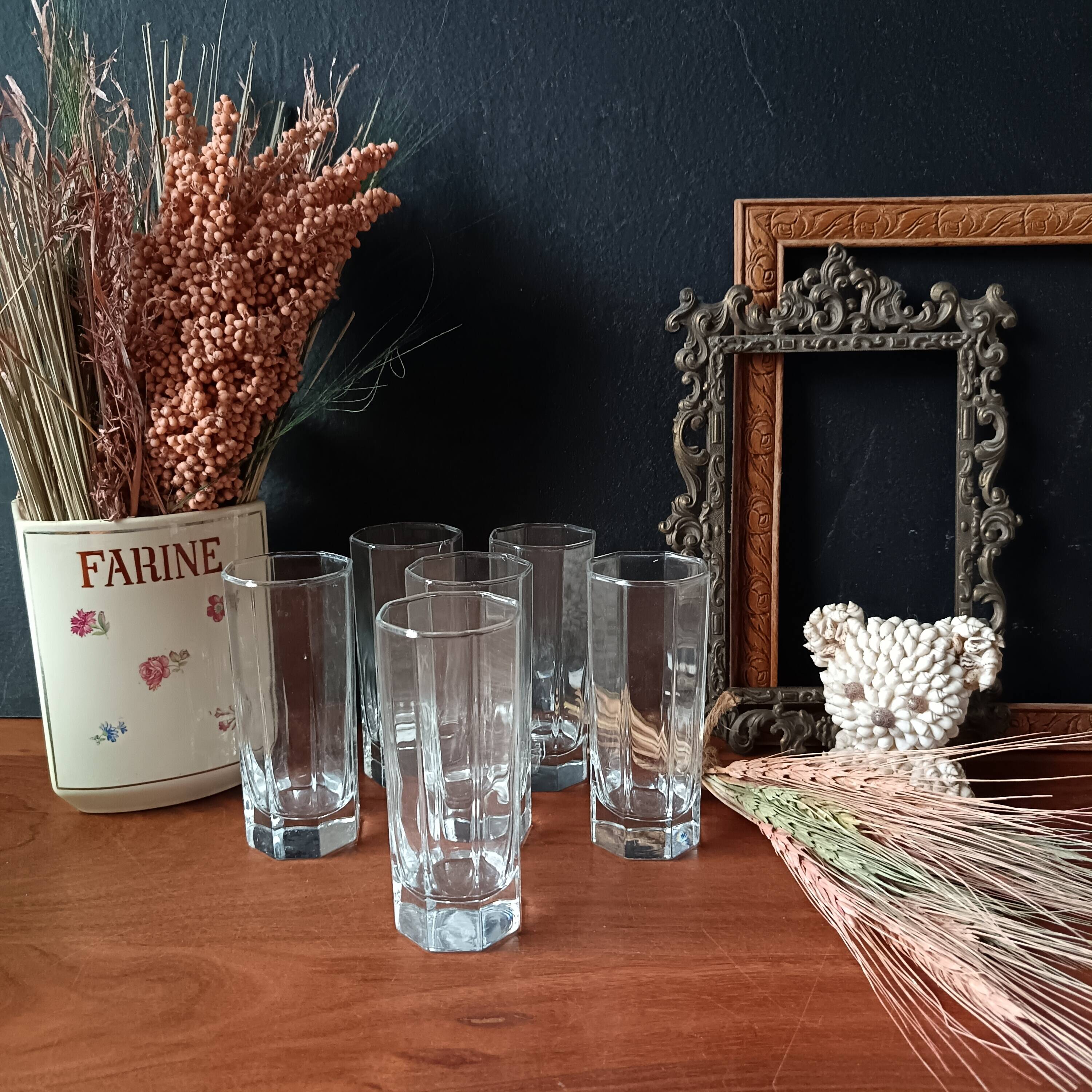 6 tall, octagonal, transparent vintage Luminarc Octime glasses (14 cl capacity)