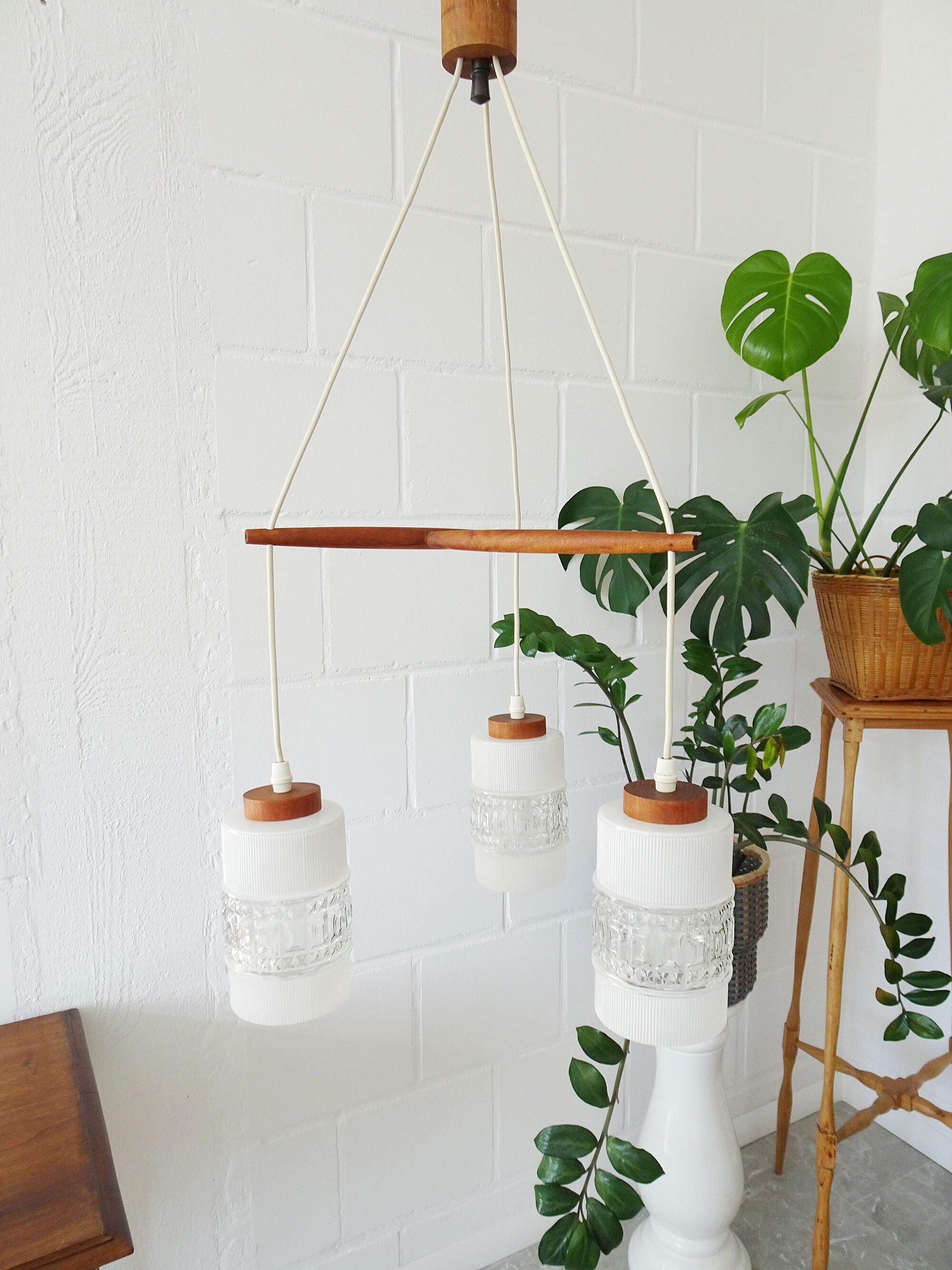 Teak hanging lamp with three lamps, Mid Century chandelier made of glass and teak