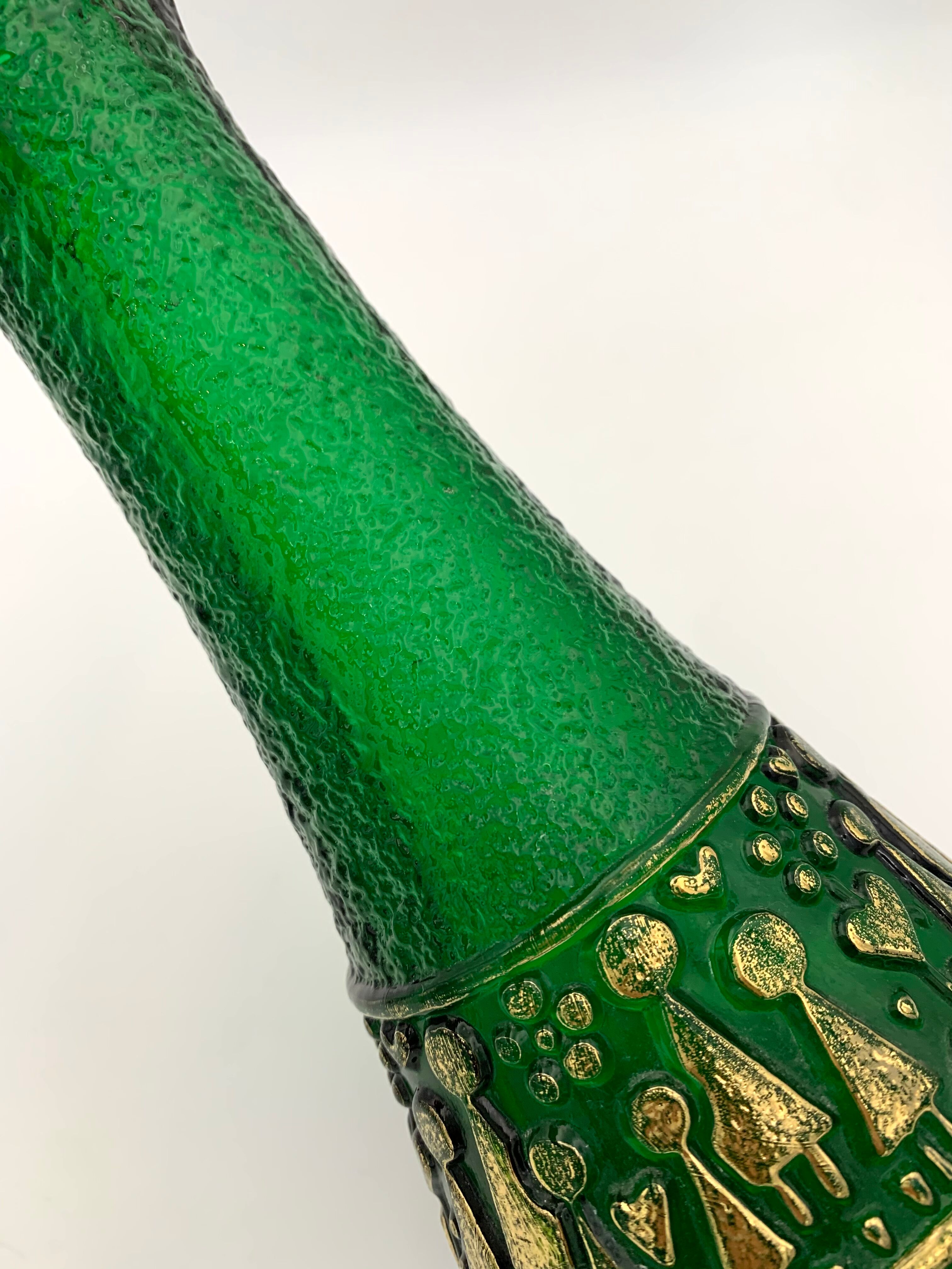 Vintage vase in moulded glass, green and gold patterns - 1970s