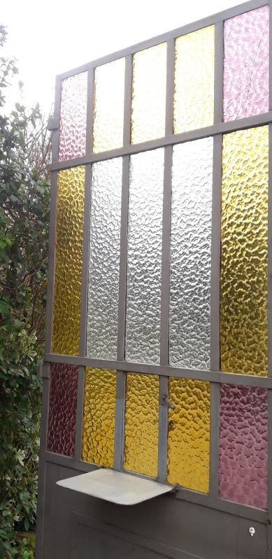 Workshop door 258.4x98.5cm in iron and colored cathedral glass