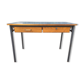 Modernist industrial office in oak wood and metal with 2 drawers and tubular metal base.
