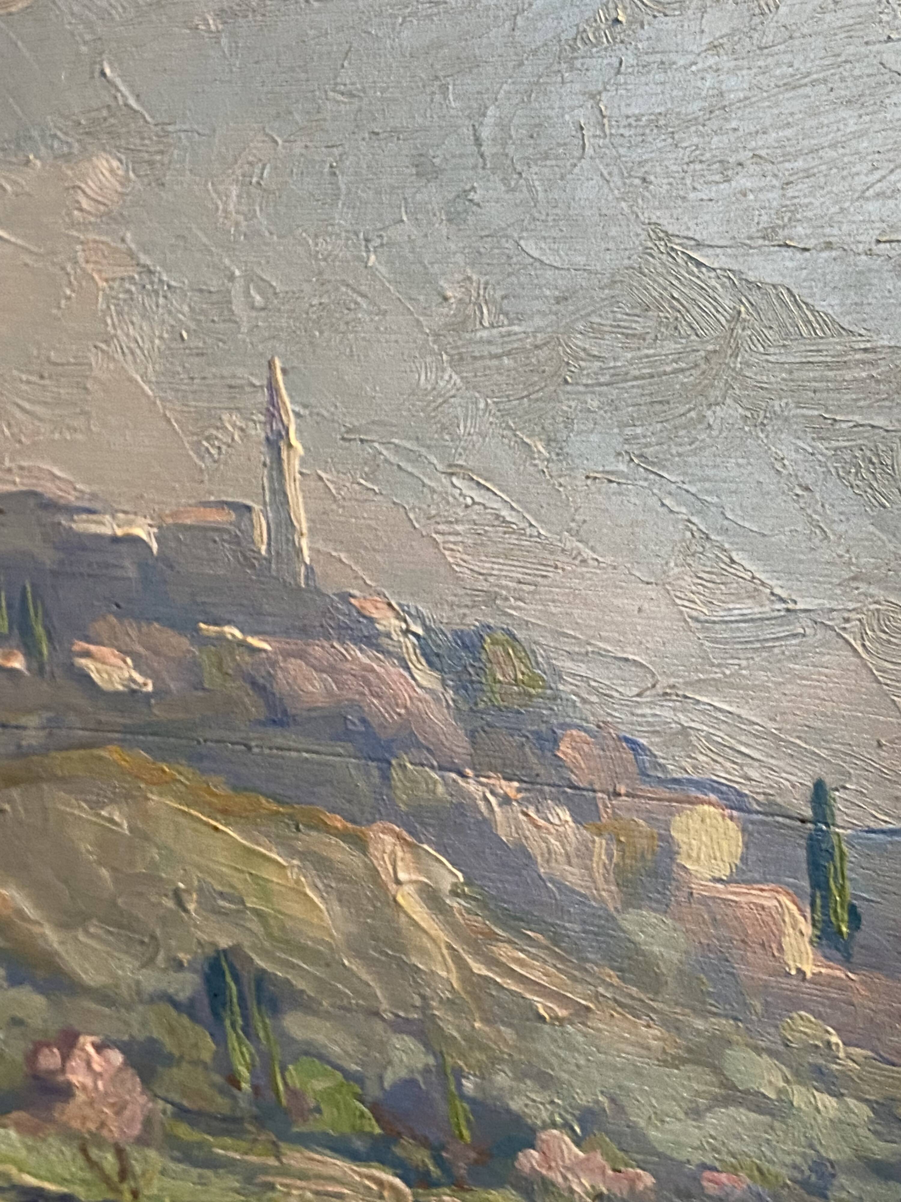 Landscape painting view from the village of Les Angles, Gard, Avignon, Hurard 1887-1956