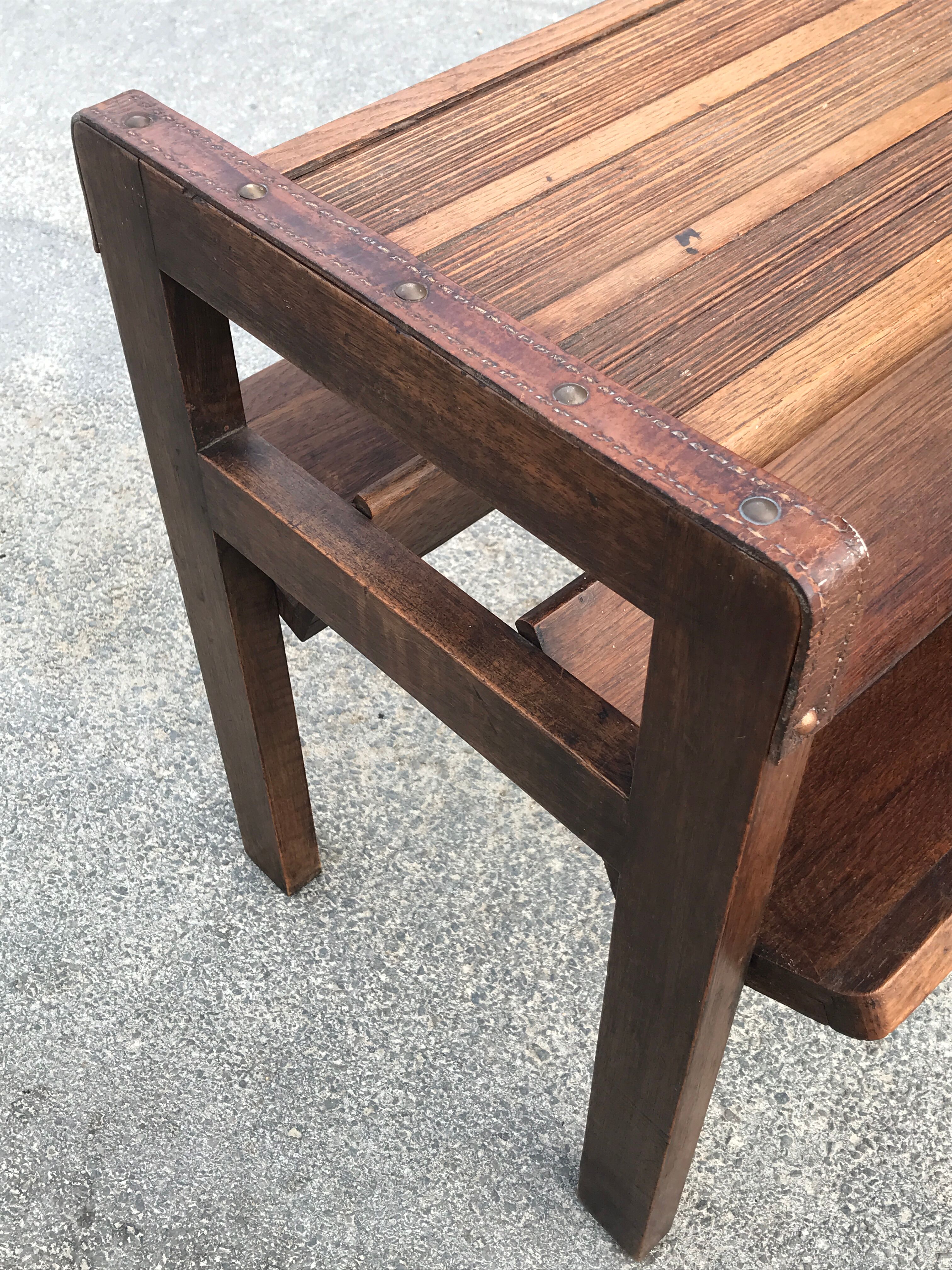 Oak and leather table vintage brutalist design 60s