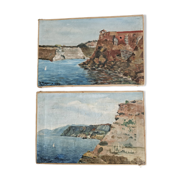 Set of 2 Oil Paintings on Canvas Marine Cliffs Signed R Faucheux 19