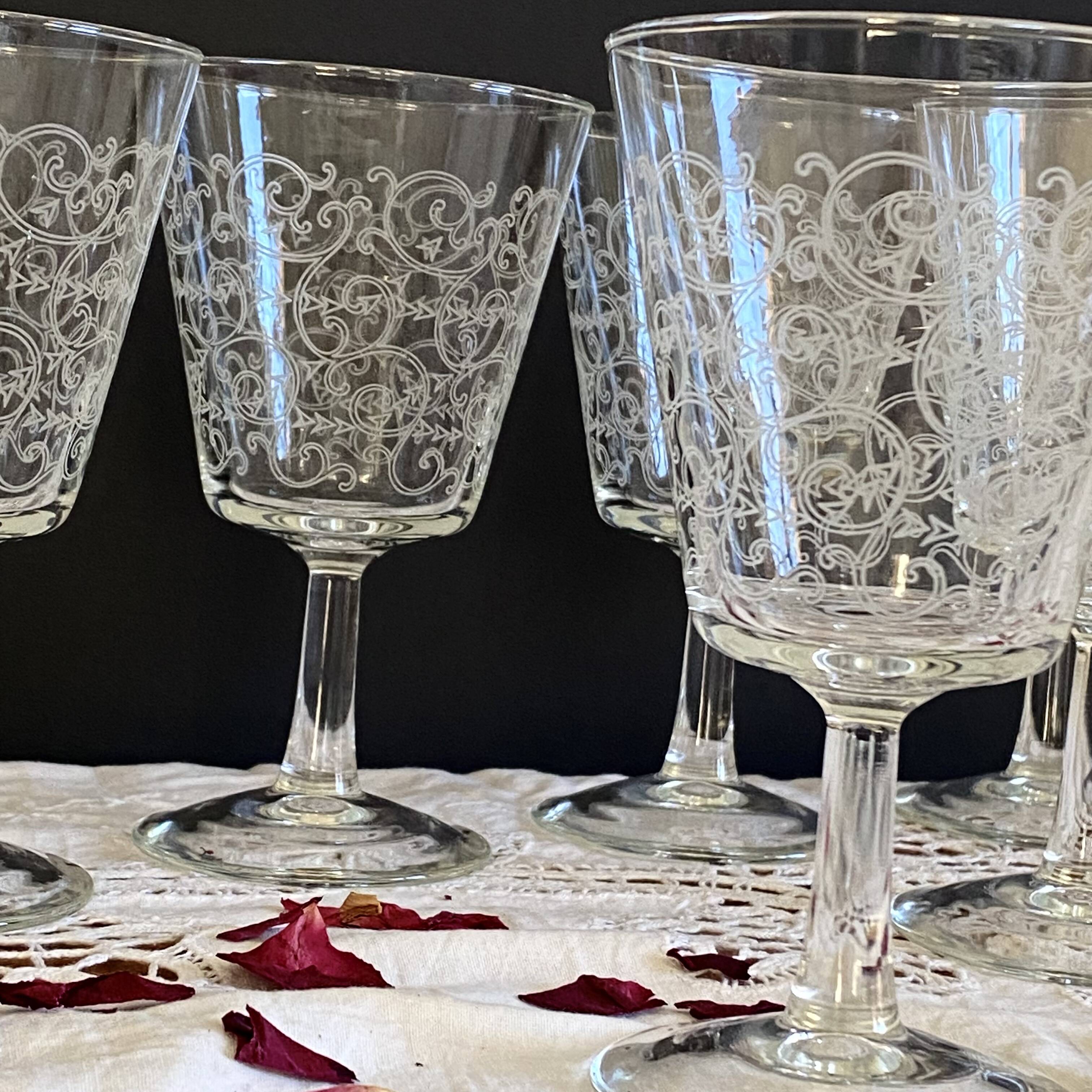 6 large antique wine or water glasses engraved with arabesques