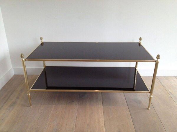 Table basse de style néoclassique en bronze et laiton à double plateaux de verres laqués noirs de la Maison Baguès