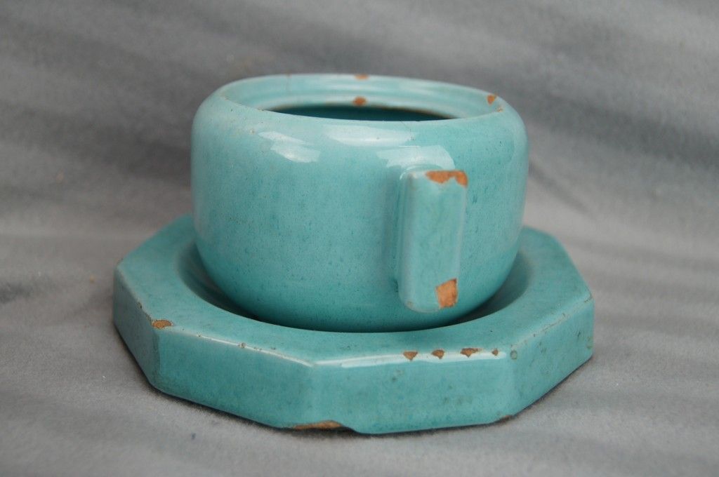 Octagonal blue-green ceramic pot and pouch Lifas / Alice Sordet-Bonifas (1902-1975)