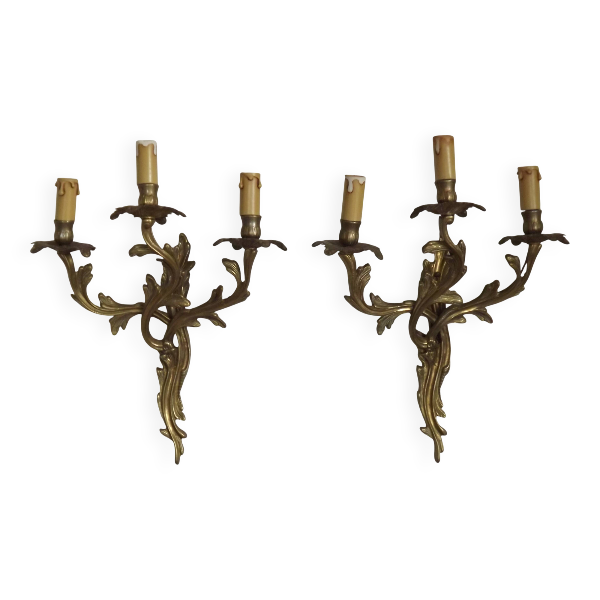 Magnificent Pair of French Antique Bronze Three-Light Acanthus Wall Sconces