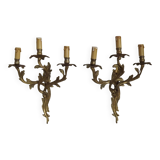 Magnificent Pair of French Antique Bronze Three-Light Acanthus Wall Sconces