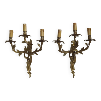 Magnificent Pair of French Antique Bronze Three-Light Acanthus Wall Sconces