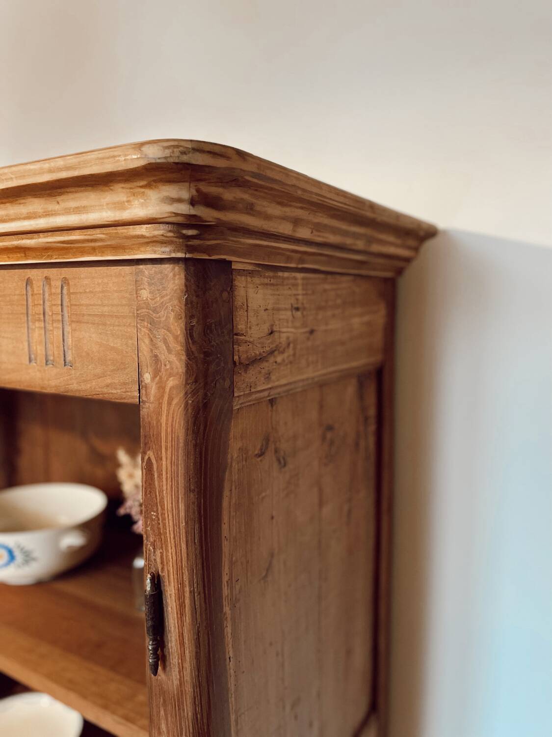 Vintage raw wood cabinet with patina