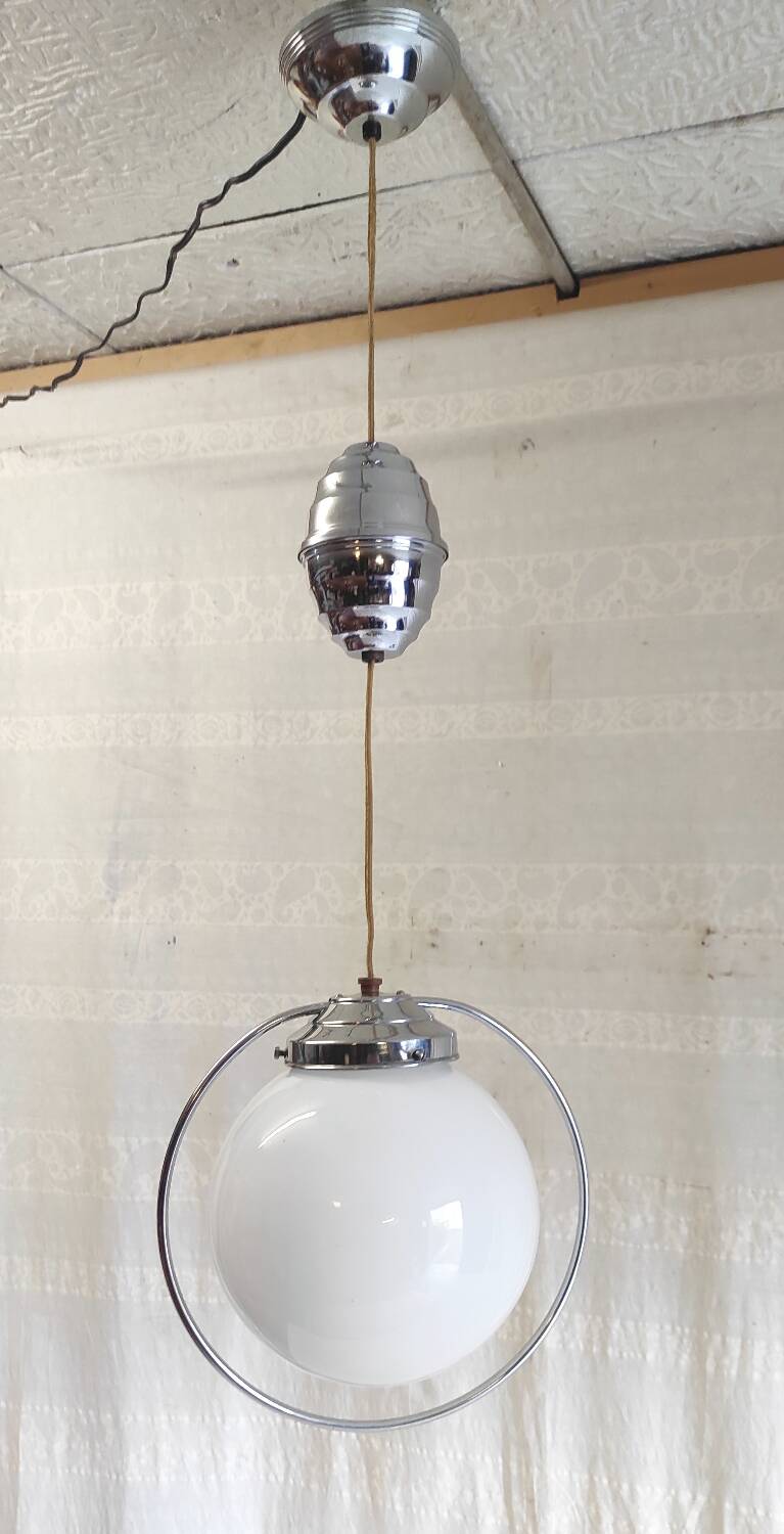 Art Deco suspension in chrome metal and opaline globe - mid 20th century