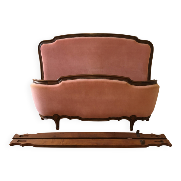 Lit corbeille Louis XV velours rose 140 x 190