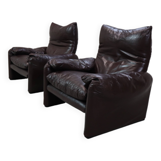 Paire de fauteuils en cuir Maralunga de Vico Magistretti pour Cassina, 1974