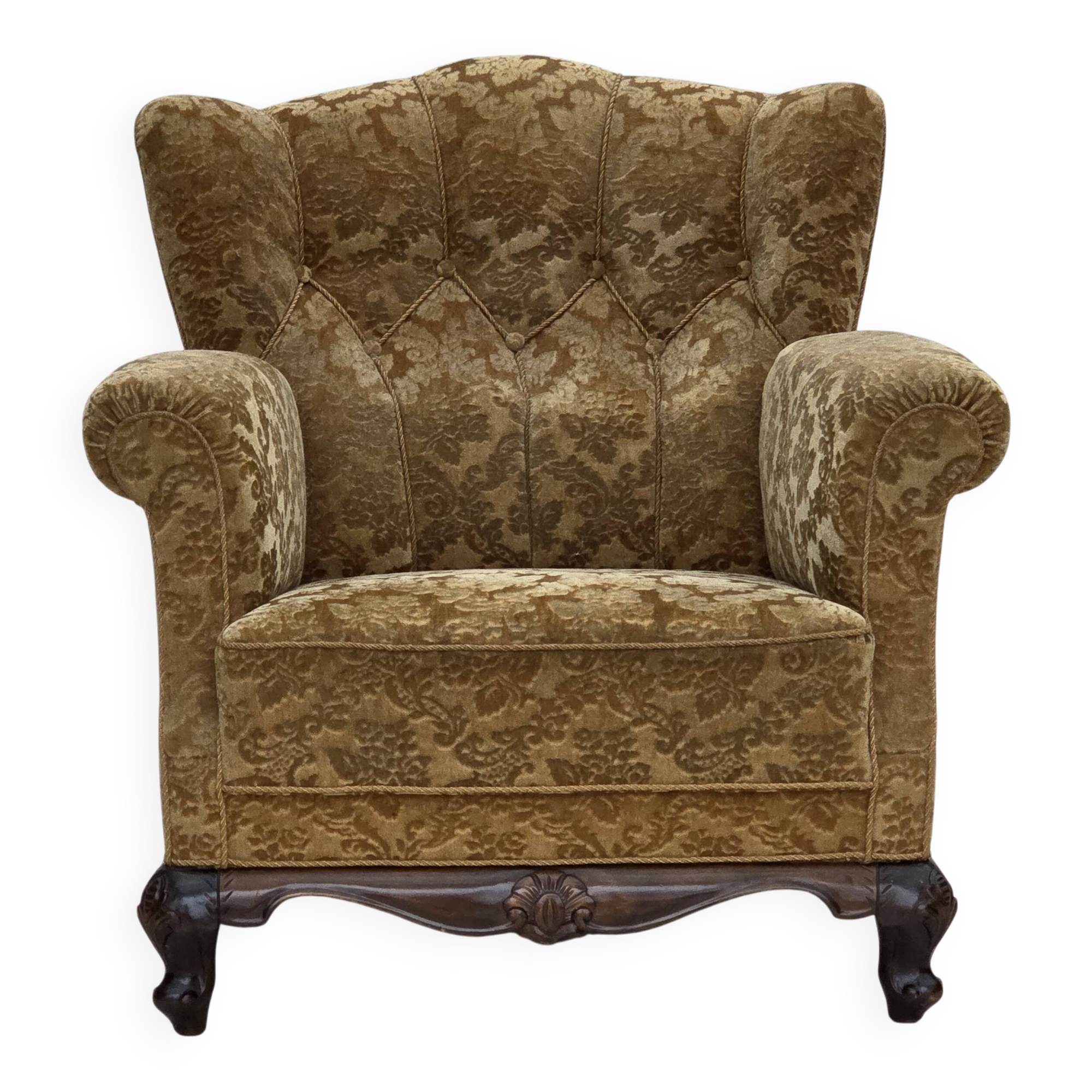 1950s, Danish relax armchair, furniture velour, carved oak wood.