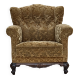 1950s, Danish relax armchair, furniture velour, carved oak wood.