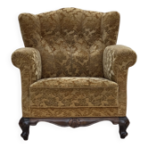 Fauteuil relax danois des années 1950, revêtement en velours, bois de chêne sculpté.