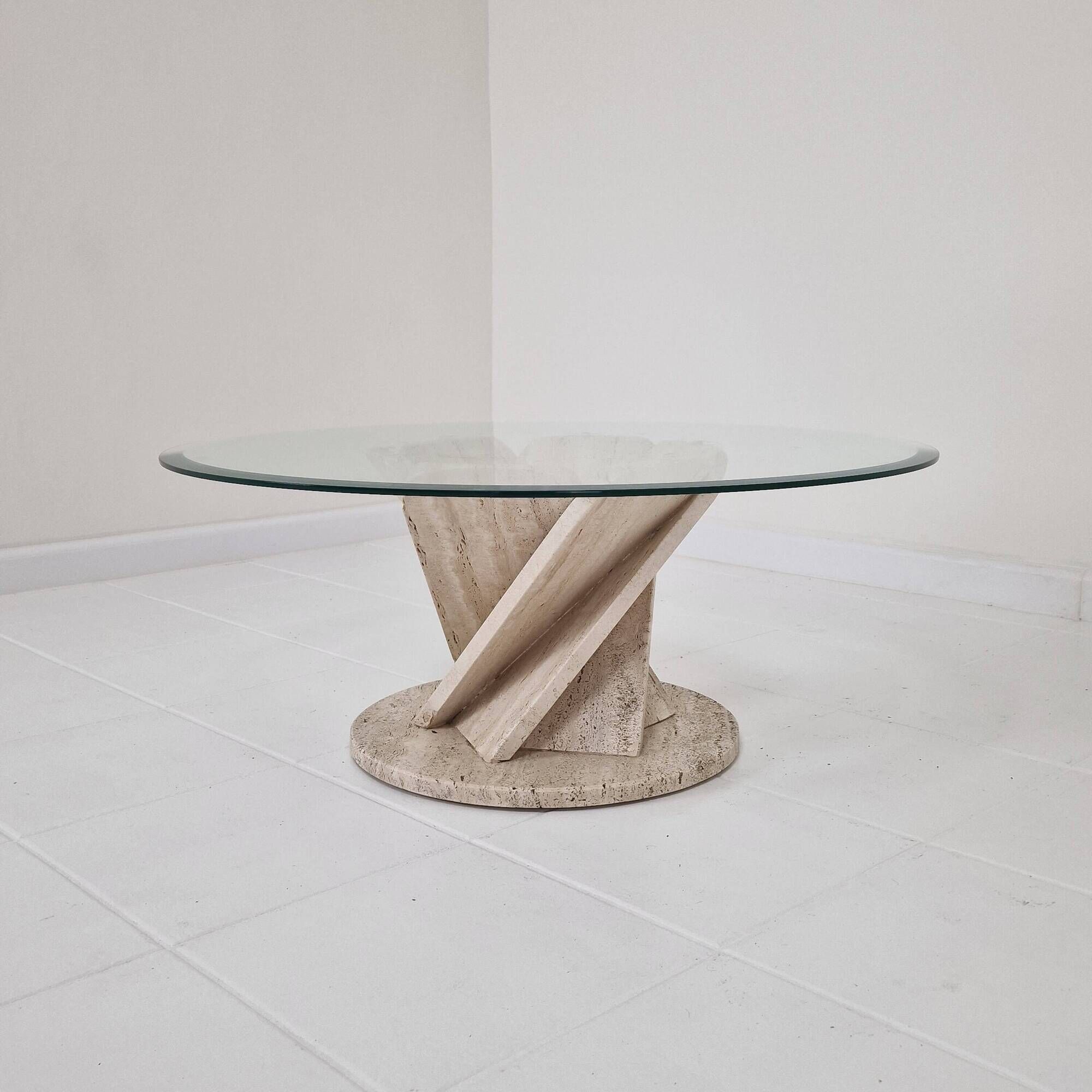 Italian "Flower" Coffee Table in Travertine With Facet-cut Round Plate, 1980s
