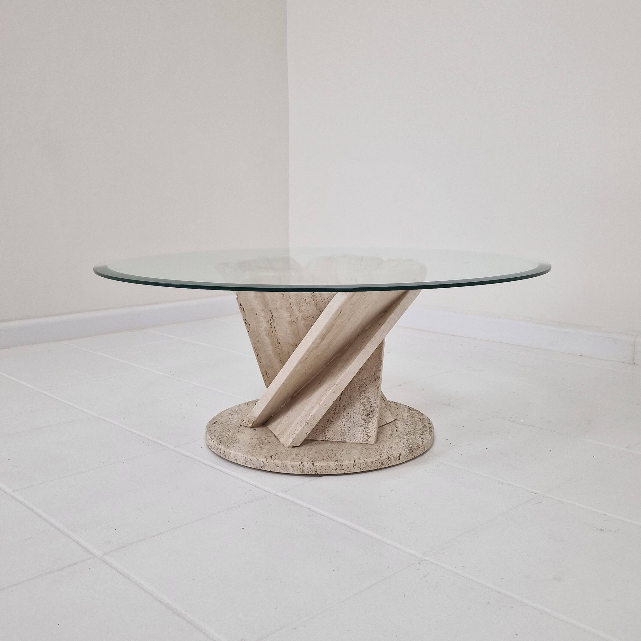 Italian "Flower" Coffee Table in Travertine With Facet-cut Round Plate, 1980s