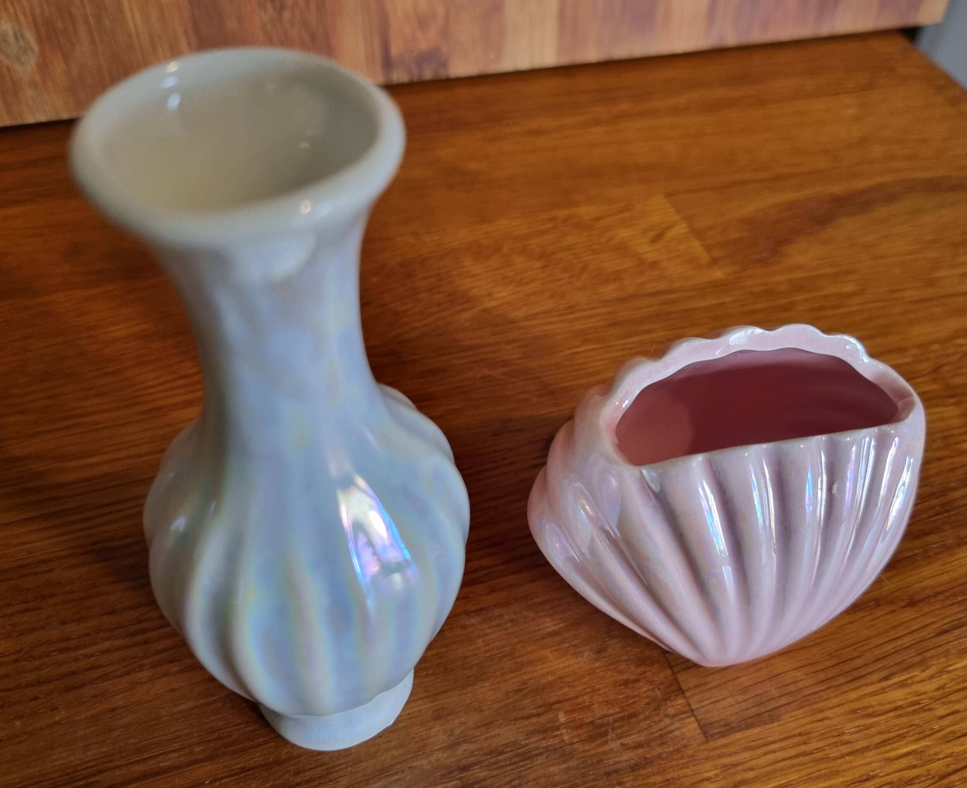 Set of 2 vintage iridescent ceramic mini vases